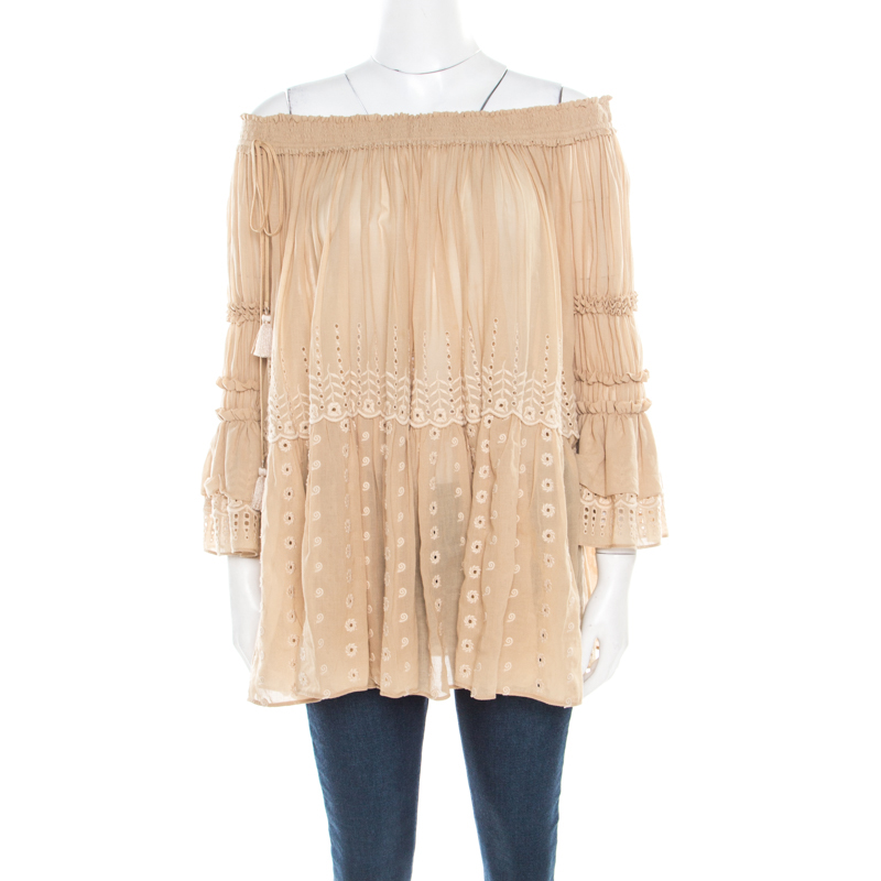 Pre Owned Chloe Beige Rose Eyelet Embroidered Cotton Oversized Off Shoulder Peasant Top S
