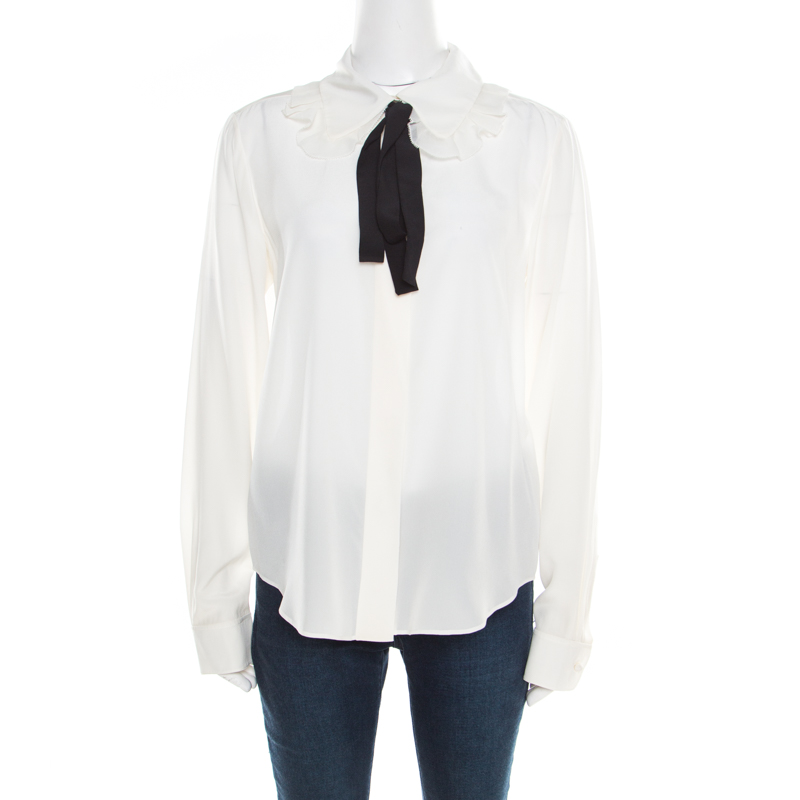 Pre Owned Chloe Milk White Crepe de Chine Contrast Neck Tie Detail Blouse M