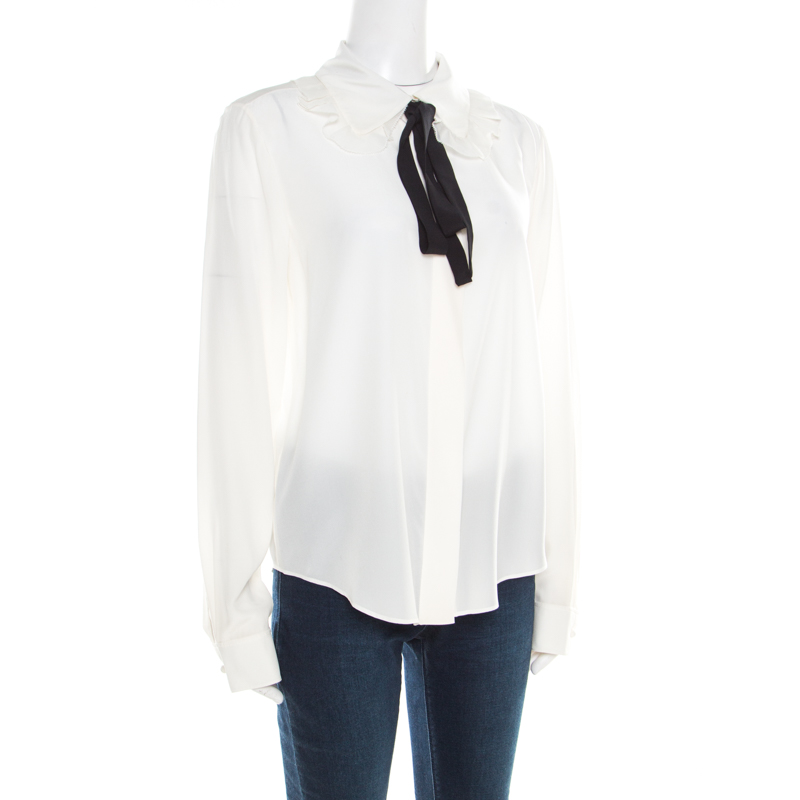 

Chloe Milk White Crepe de Chine Contrast Neck Tie Detail Blouse