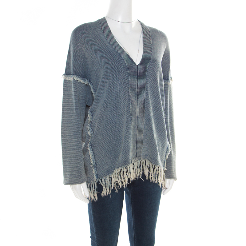 

Chloe Indigo Washed Effect Knit Fringed Trim V-Neck Top, Blue