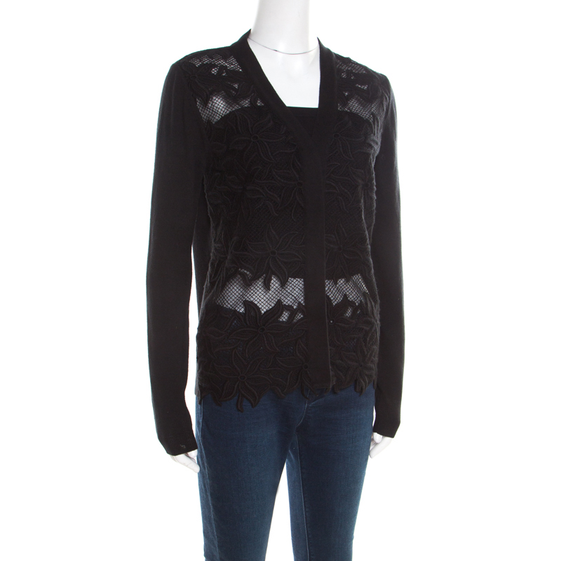 

Chloe Black Knit Floral Lace Panel Long Sleeve Button Front Cardigan