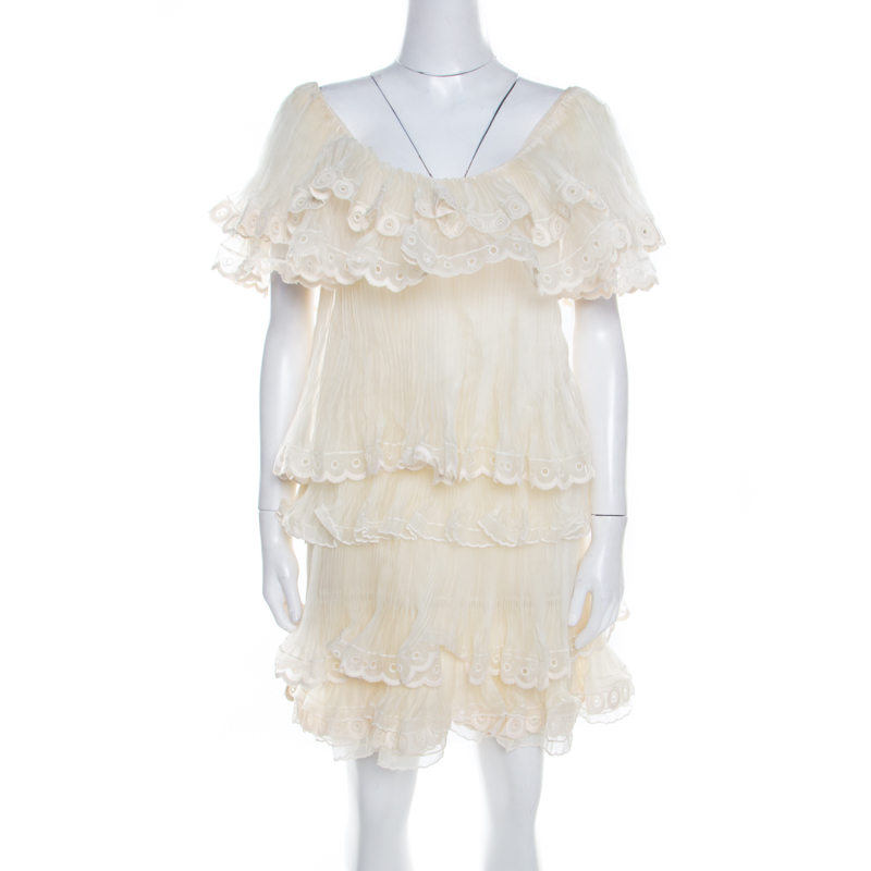 Pre Owned Chloe Pristine Cream Eyelet Embroidered Plisse Silk Ruffle Tiered Dress S
