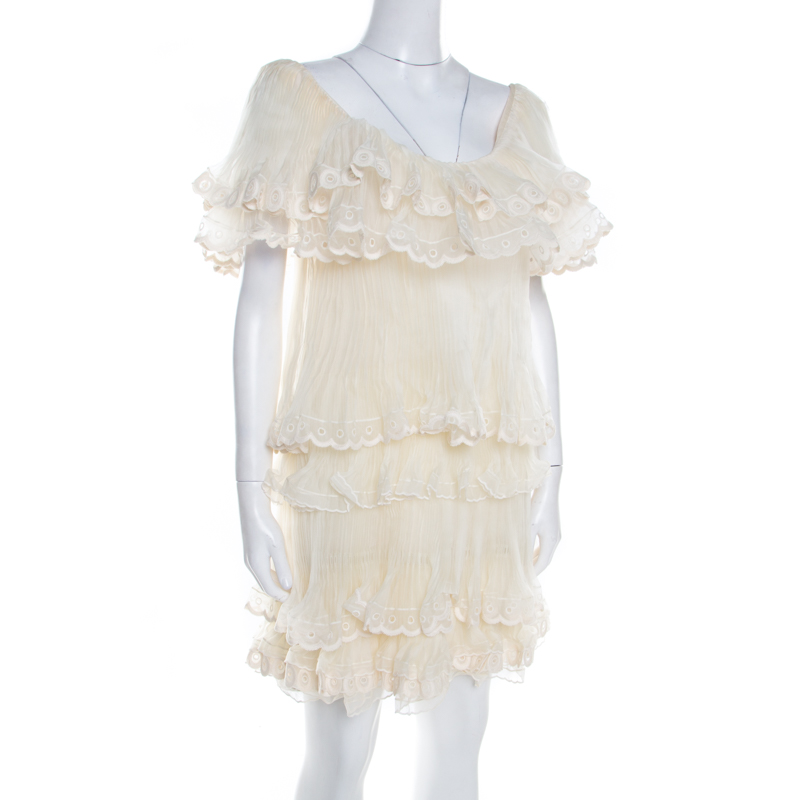 

Chloe Pristine Cream Eyelet Embroidered Plisse Silk Ruffle Tiered Dress