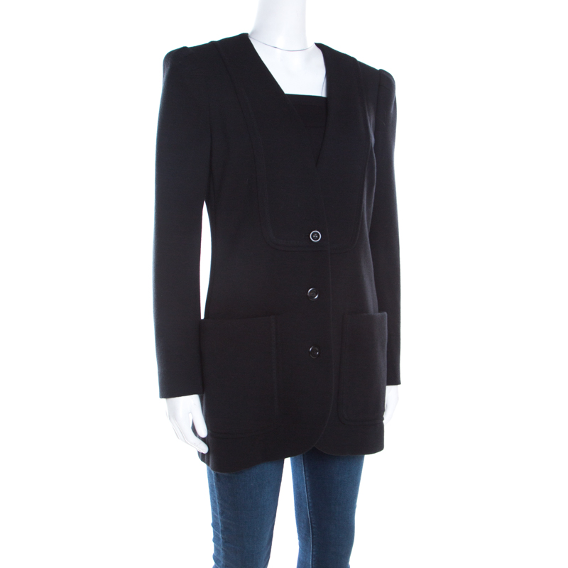 

Chloe Black Wool Power Shoulder Collarless Button Front Jacket