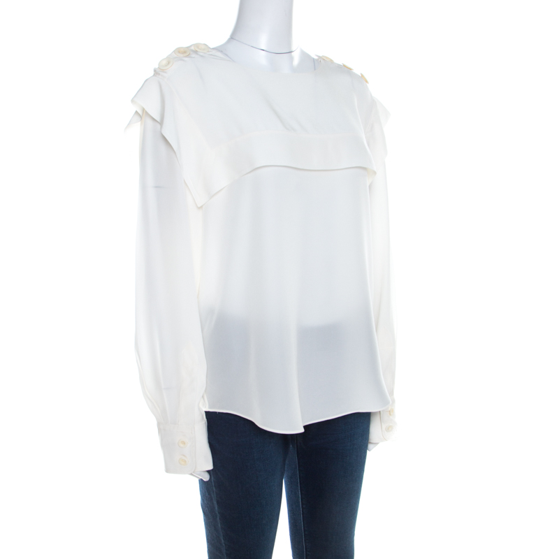 

Chloe Cream Silk Shoulder Button Detail Long Sleeve Blouse