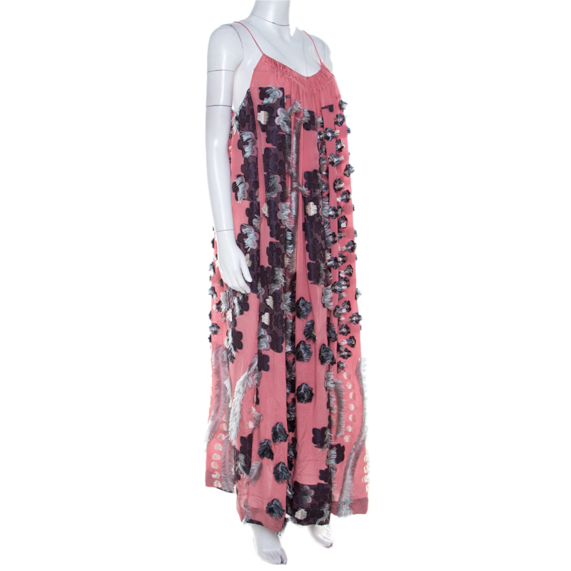 

Chloe Pink Silk Chiffon Feather Applique Embellished Maxi Dress