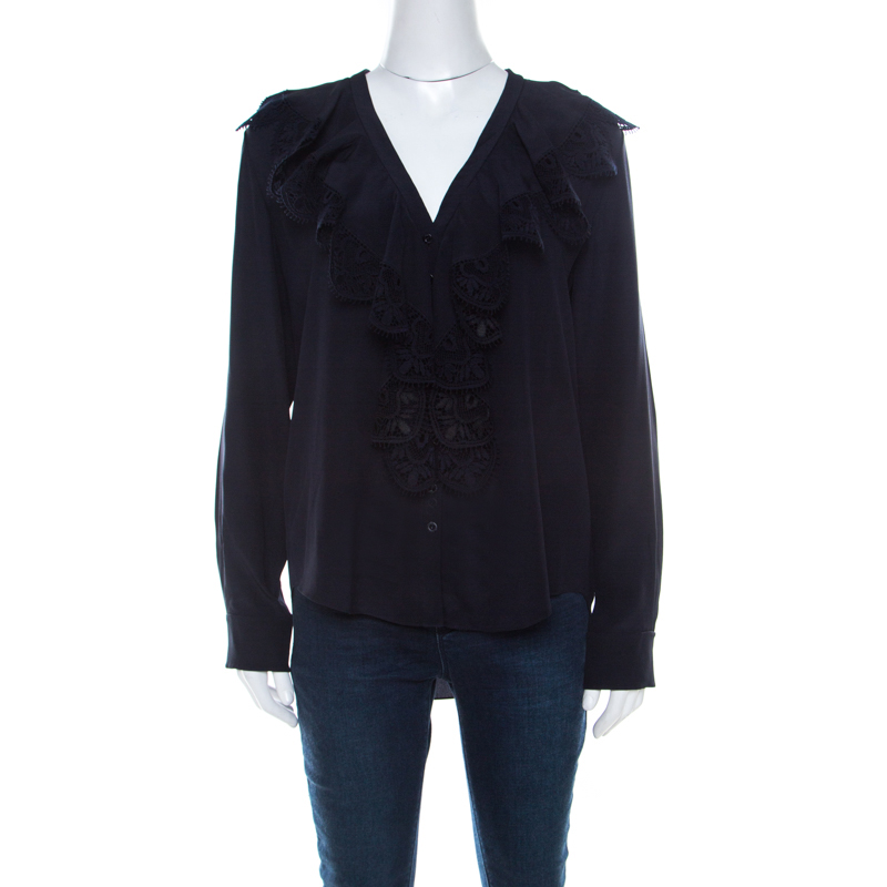 Chloe Navy Blue Silk and Lace Button Front Blouse S