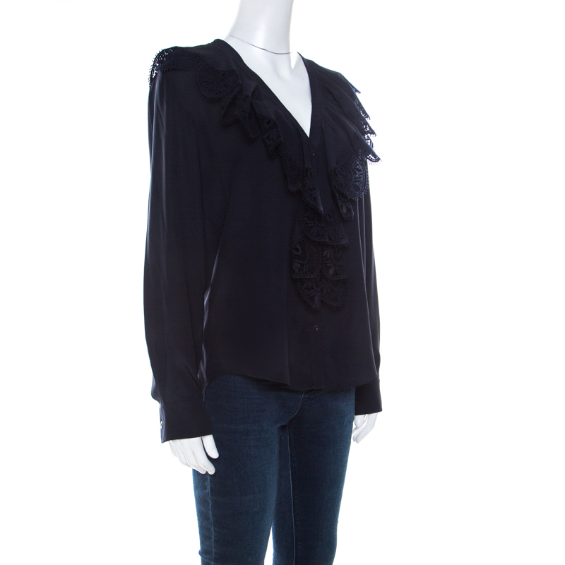 

Chloe Navy Blue Silk and Lace Button Front Blouse