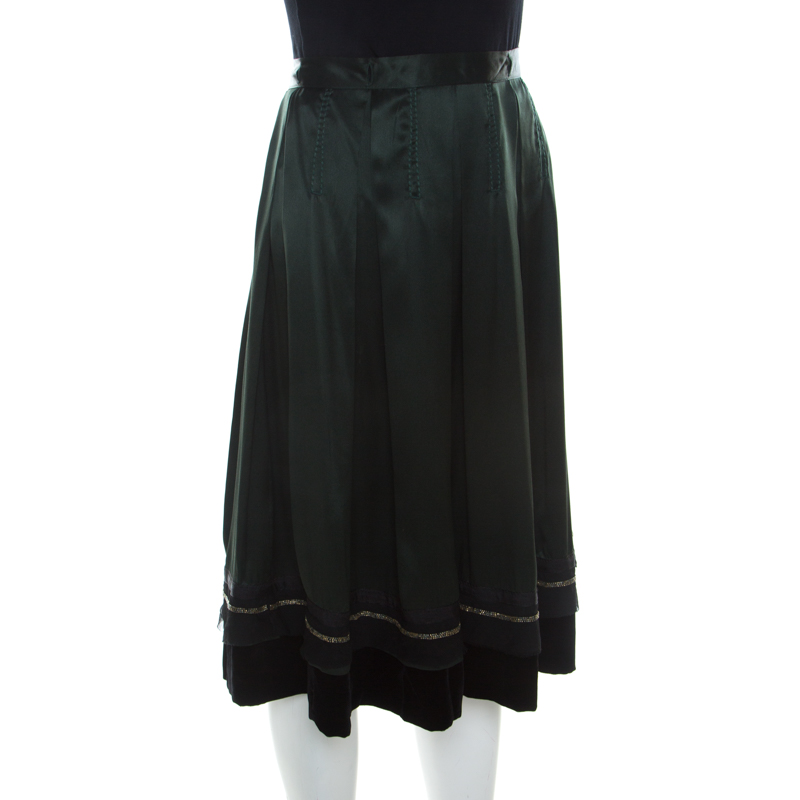 

Chloe Forest Green Silk Beaded Trim Pleated Skirt