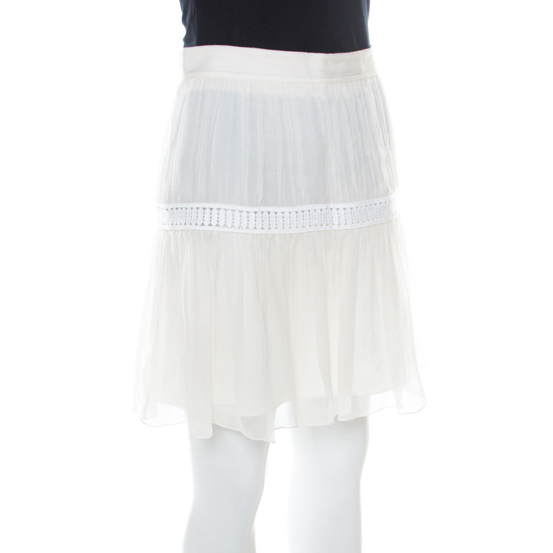 

Chloé Off White Silk Crepon Lace Paneled Mini Skirt