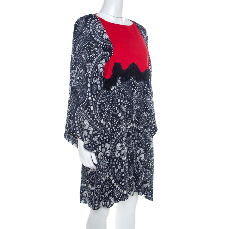 

Chloe Navy Blue and Red Paisley Printed Crinkled Cotton Bell Sleeve Dress