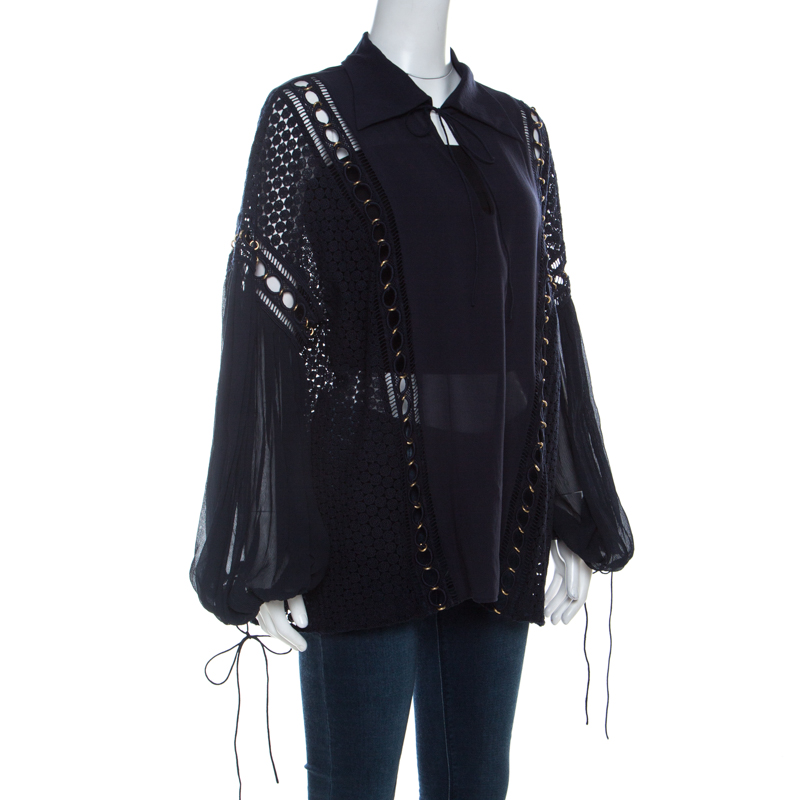 

Chloe Navy Blue Silk Chiffon and Guipure Lace Blouse