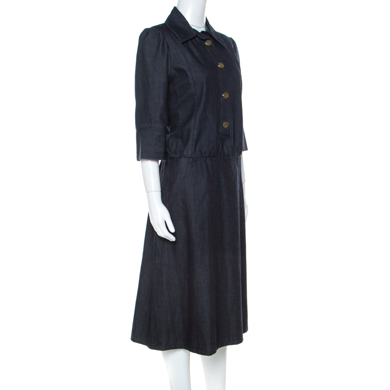 

Chloe Blue Dark Wash Denim Cotton Puff Sleeve Dress