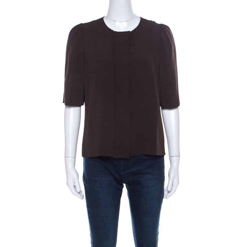 Pre Owned Chloe Truffle Brown Silk Blend Puff Sleeve Front Button Top L
