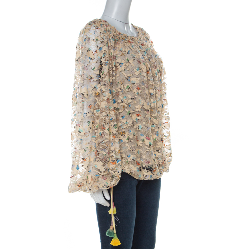 

Chloe Beige Floral Print Tassel Detail Lace Blouse