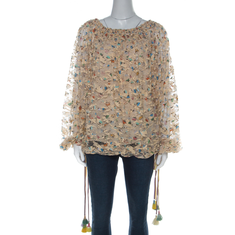 Pre Owned Chloe Beige Floral Print Tassel Detail Lace Blouse M