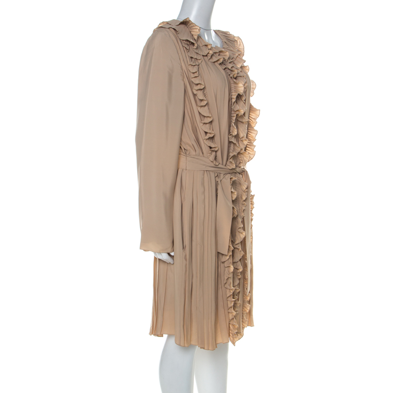 

Chloe Beige Silk Blend Belted Front Ruffle Full Sleeve Pleated Long Dress