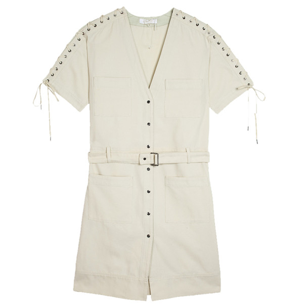 مملوكة مسبقًا Chloe Denim Cream Criss Cross Sleeve Dress M