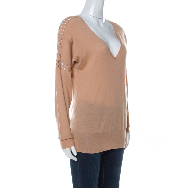 

Chloe Tan Merino Wool V-Neck Perforated Sleeve Detail Sweater, Beige