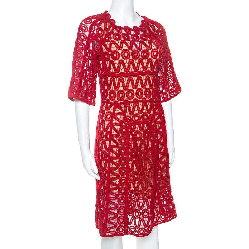 

Chloe Lacquer Red Corded Lace Contrast Silk Lined Sheath Dress