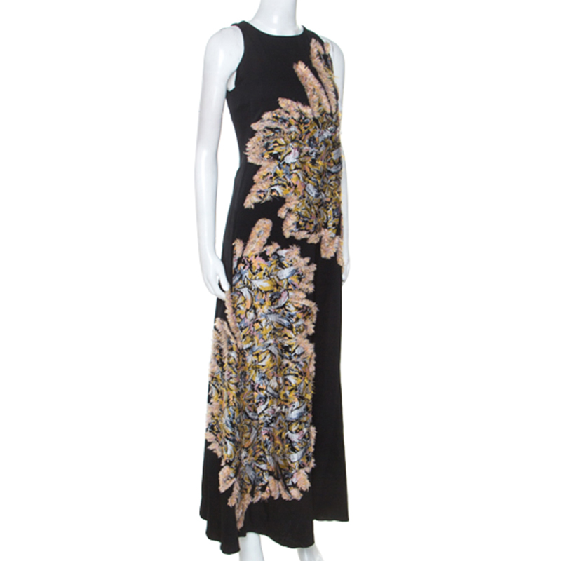 

Chloe Black Crepe Embroidered Feather Detail Maxi Dress