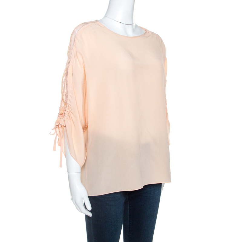 

Chloe Peach Crepe Lace Insert Ruched Sleeve Detail Top, Pink