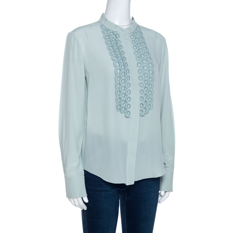 

Chloe Pale Green Silk Eyelet Lace Layered Trim Shirt