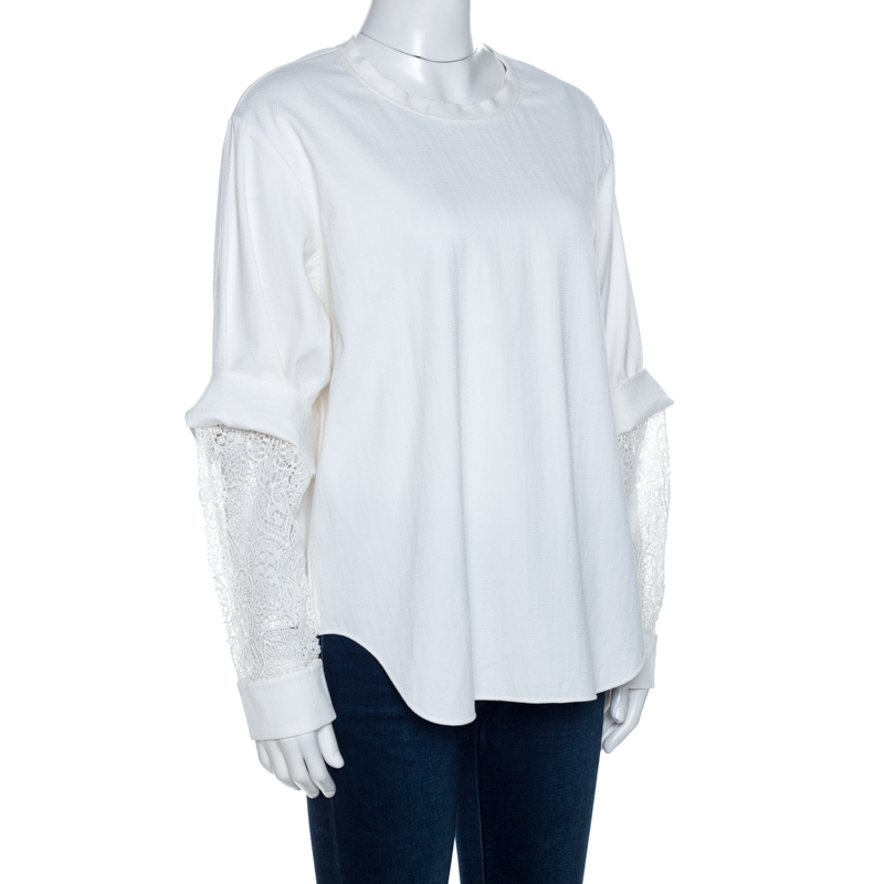 

Chloe White Lace Insert Cotton Knit Oversized Top