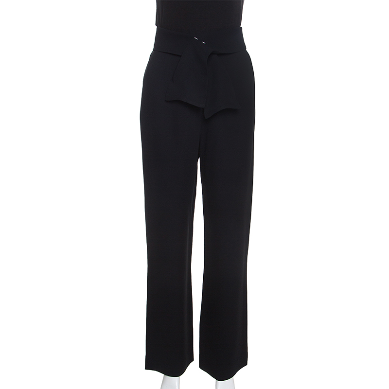 Chloe Black Crepe Waist Band Detail Wide Leg Pants M