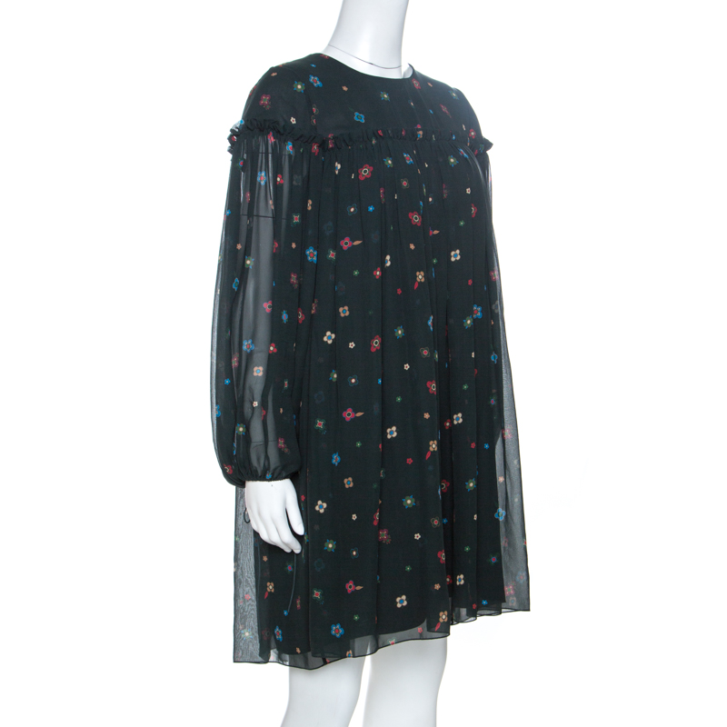 

Chloe Dark Green Floral Printed Silk Tunic Dress