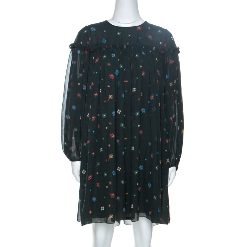 Pre Owned Chloe Dark Green Floral Printed Silk Tunic Dress S