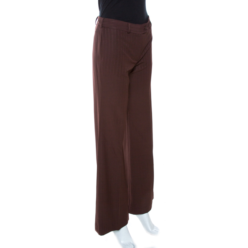 Pre-owned Chloé Brown Striped Wool Wide Leg Trousers S