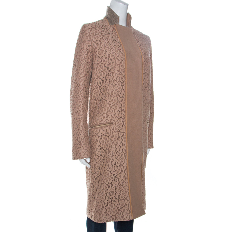 

Chloe Camel Wool and Dusty Pink Lace Trim Detail Coat, Beige