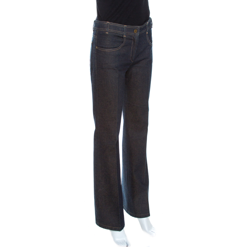 

Chloe Dark Navy Denim Embellished Pocket Detail Wide Leg Jeans, Navy blue