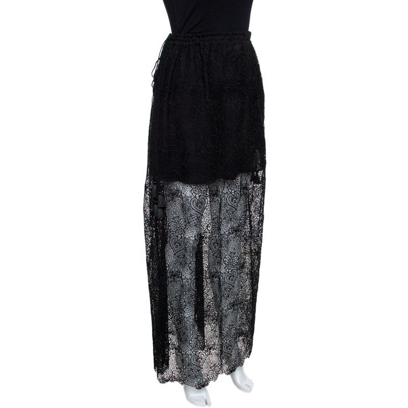 

Chloe Black Sheer Cotton Lace Overlay Maxi Skirt