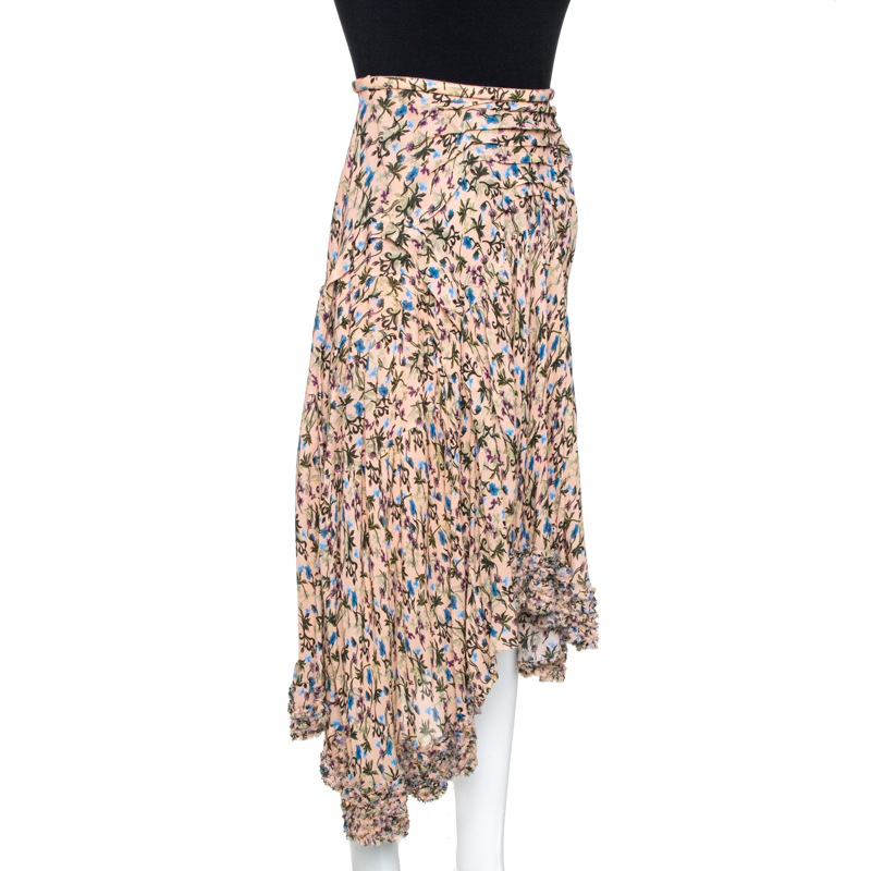 

Chloé Quiet Pink Floral Print Crepe Asymmetric Ruffled Hem Skirt
