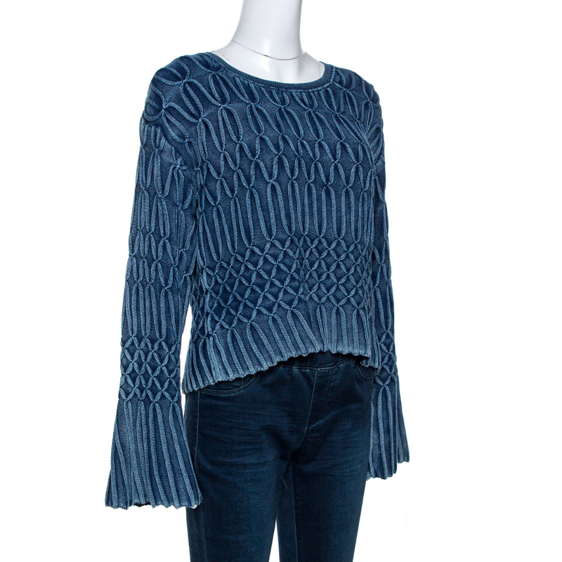 

Chloe Blue Medium Washed & Smocked Cable Knit Sweater