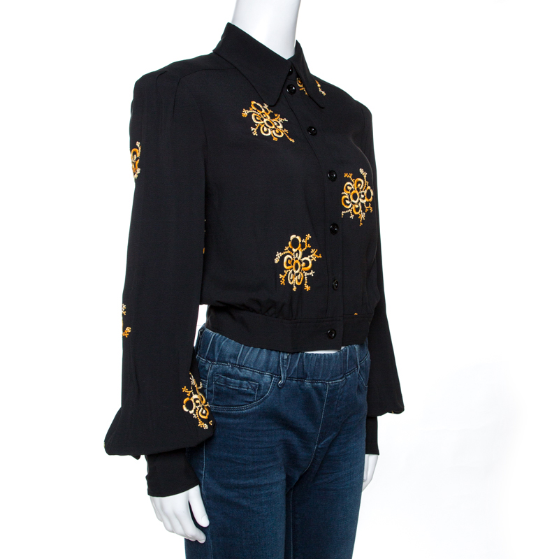 

Chlo÷ Black Floral Embroidered Crepe Cropped Blouse