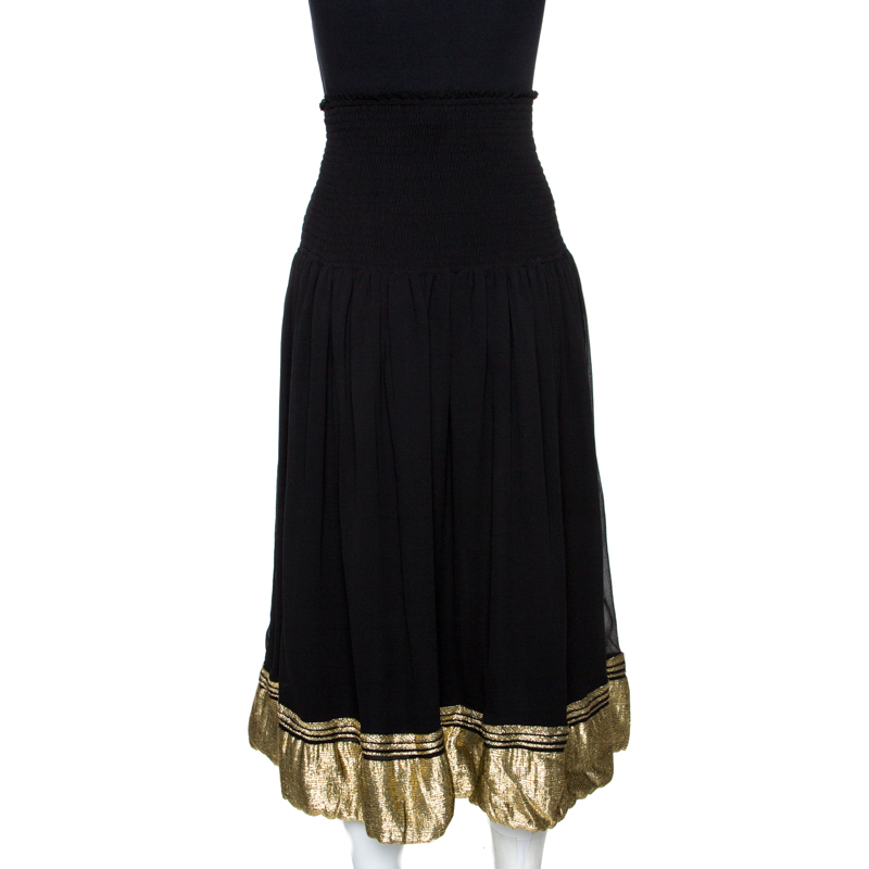 Click to view more detailed imagery on our partner's website ChloÉ Black Crepe De Chine Silk Smocked Waist Midi Skirt L