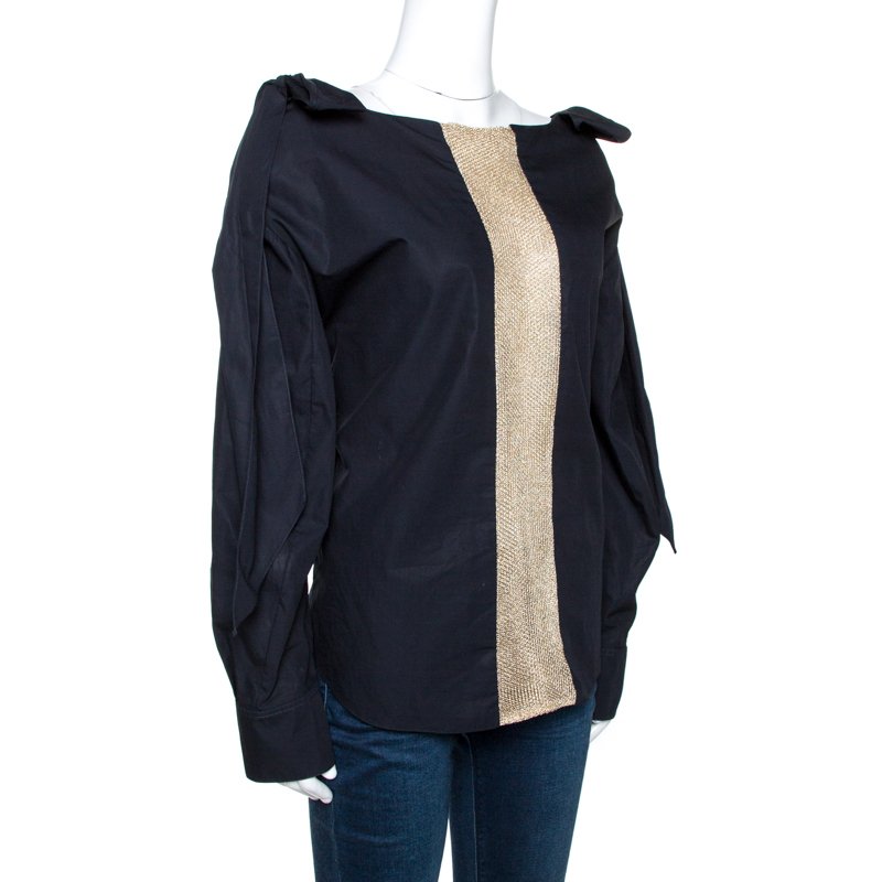 

Chloe Anthracite Blue Cotton Cut Out Bow Detail Top, Navy blue