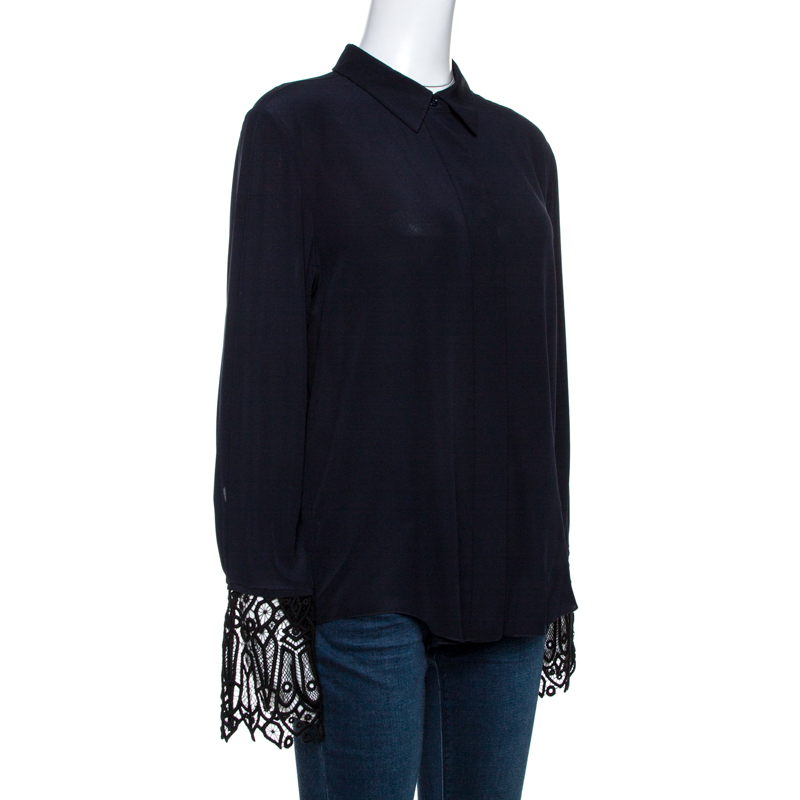 

Chloe Navy Blue Silk Lace Trim Cuff Detail Long Sleeve Shirt