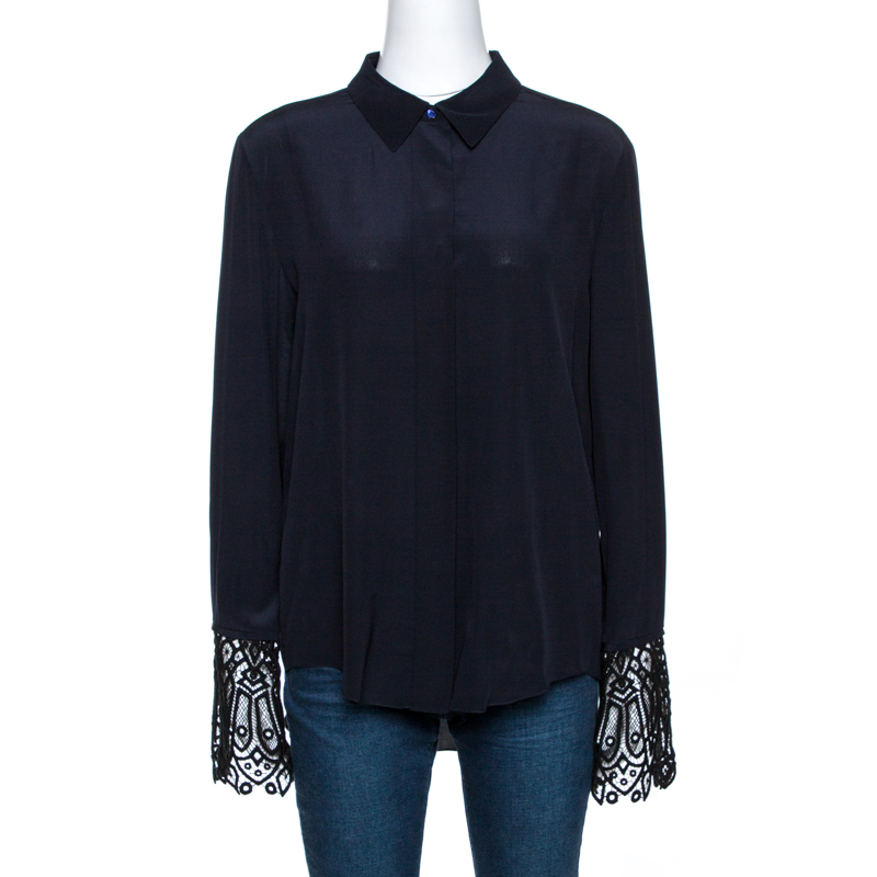 Pre Owned Chloe Navy Blue Silk Lace Trim Cuff Detail Long Sleeve Shirt M