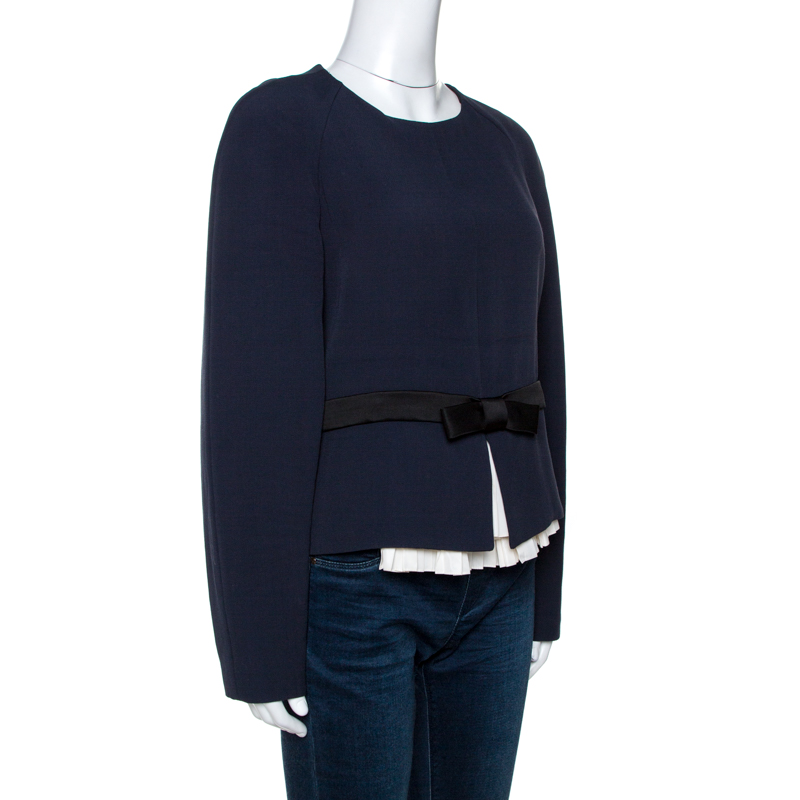 

Chloe Navy Blue Crepe Pleated Trim Bow Detail Blouse