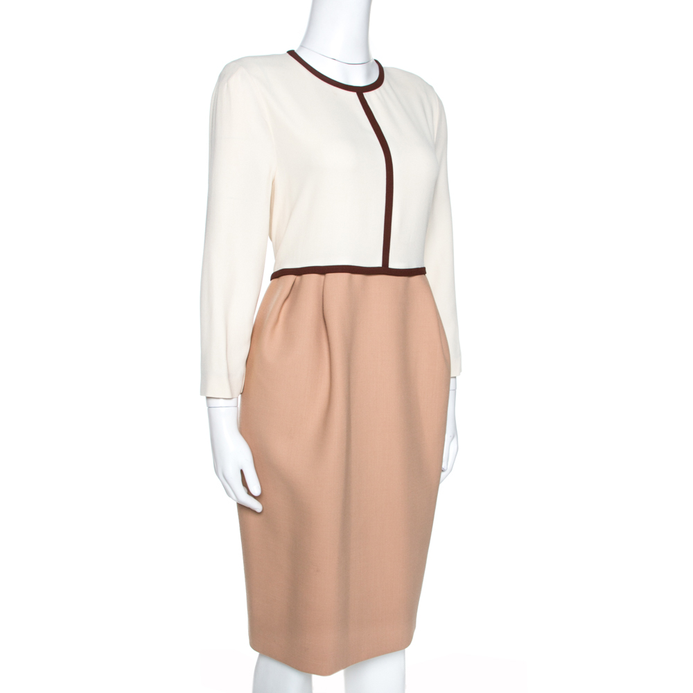 

Chloe Cream & Brown Crepe Long Sleeve Sheath Dress