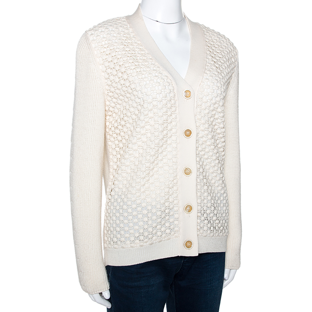 

Chloe Naturel Wool Knit Lace Paneled Button Front Cardigan, Cream