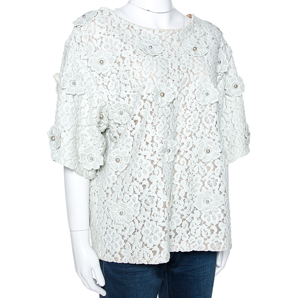 

Chloe Vert D Eau Floral Lace Appliqued & Bead Embellished Blouse, Green