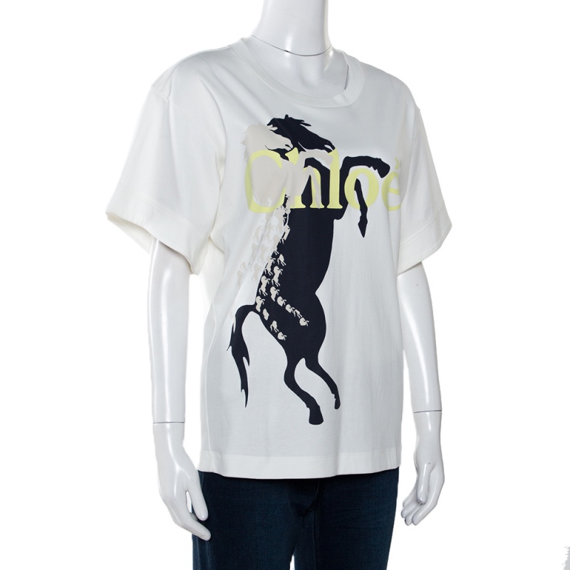 

Chloe Off White Horse Print Cotton T-Shirt, Cream