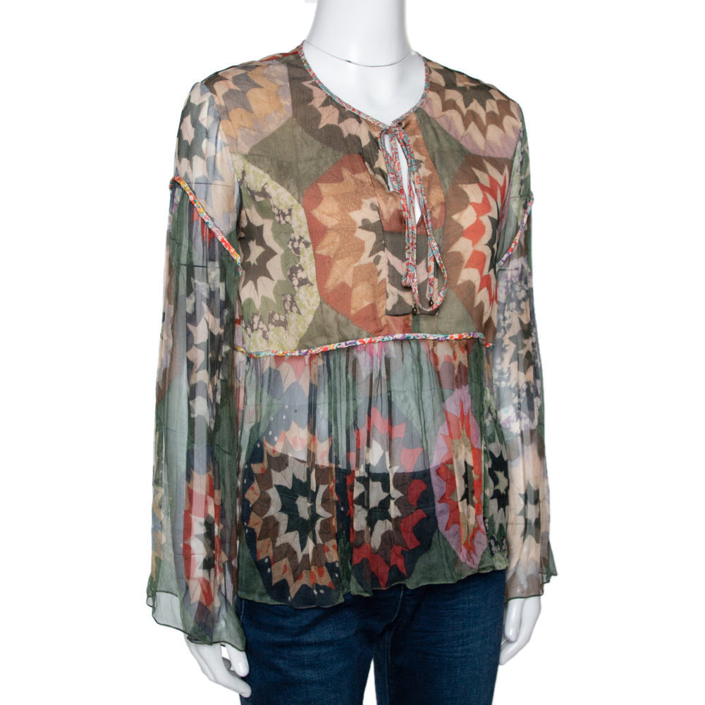 

Chloe Green Rosace Patchwork Print Silk Sheer Blouse