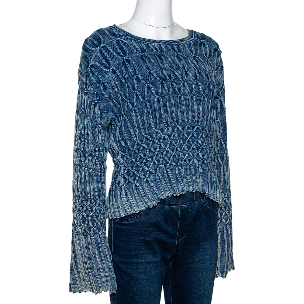 

Chloe Blue Medium Washed & Smocked Cable Knit Sweater