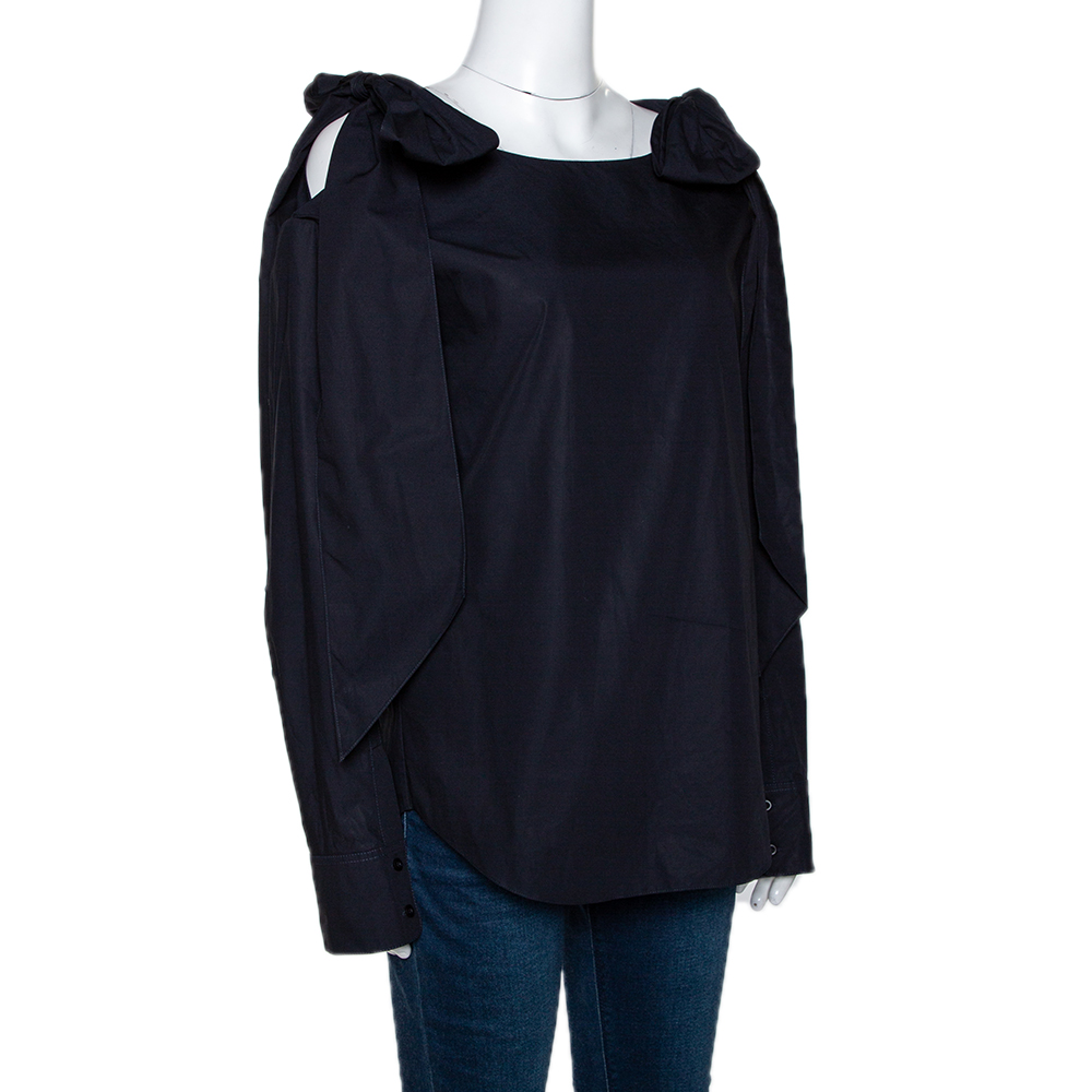 

Chloe Anthracite Blue Cotton Bow Detail Long Sleeve Top, Navy blue